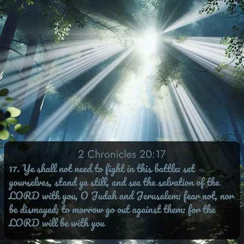 citation biblique : 17. Ye shall not need to fight in this battle: set yourselves, stand ye still, and see the salvation of the LORD with you, O Judah and Jerusalem: fear not, nor be dismayed; to morrow go out against them: for the LORD will be with you.
 sur fond image nature