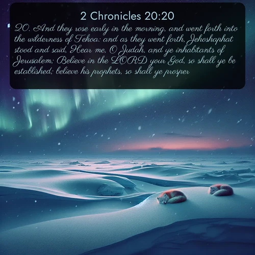 citation biblique : 20. And they rose early in the morning, and went forth into the wilderness of Tekoa: and as they went forth, Jehoshaphat stood and said, Hear me, O Judah, and ye inhabitants of Jerusalem; Believe in the LORD your God, so shall ye be established; believe his prophets, so shall ye prosper.
 sur fond image nature