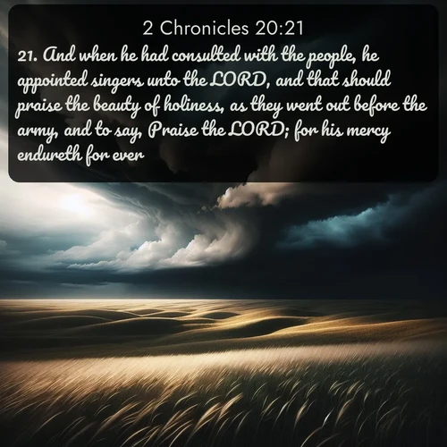 citation biblique : 21. And when he had consulted with the people, he appointed singers unto the LORD, and that should praise the beauty of holiness, as they went out before the army, and to say, Praise the LORD; for his mercy endureth for ever.
 sur fond image nature