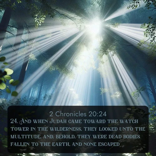citation biblique : 24. And when Judah came toward the watch tower in the wilderness, they looked unto the multitude, and, behold, they were dead bodies fallen to the earth, and none escaped.
 sur fond image nature