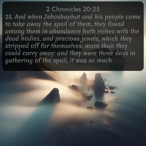 KJV 2 Chronicles 20:25 overlaying nature image scene: Coastal fog reveals and conceals seaside cliffs.;25. And when Jehoshaphat and his people came to take away the spoil of them, they found among them in abundance both riches with the dead bodies, and precious jewels, which they stripped off for themselves, more than they could carry away: and they were three days in gathering of the spoil, it was so much.