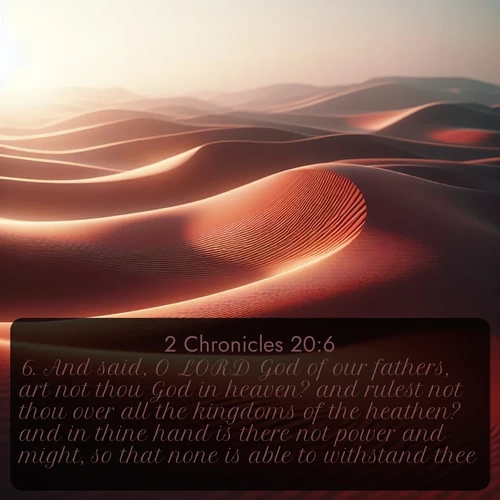 citation biblique : 6. And said, O LORD God of our fathers, art not thou God in heaven? and rulest not thou over all the kingdoms of the heathen? and in thine hand is there not power and might, so that none is able to withstand thee?
 sur fond image nature