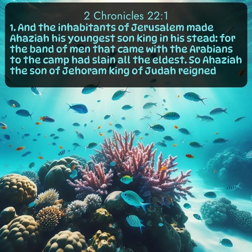 citation biblique : 1. And the inhabitants of Jerusalem made Ahaziah his youngest son king in his stead: for the band of men that came with the Arabians to the camp had slain all the eldest. So Ahaziah the son of Jehoram king of Judah reigned.
 sur fond image nature