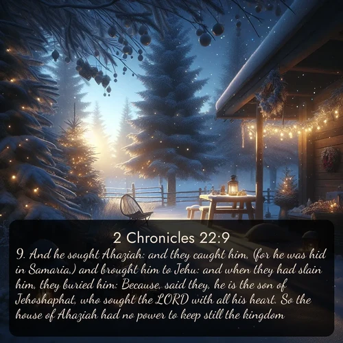 KJV 2 Chronicles  ; image nature: image with the bible verse :And he sought Ahaziah: and they caught him, (for he was hid in Samaria,) and brought him to Jehu: and when they had slain him, they buried him: Because, said they, he is the son of Jehoshaphat, who sought the LORD with all his heart. So the house of Ahaziah had no power to keep still the kingdom. ; Explore a collection of inspiring Bible verse images accompanied by winter photos, such as snowy landscapes, frosted trees, and frozen lakes. These images reflect the peace and purity of God&#039;s creation, with elegant fonts and luminous colors. Download and share verses like KJV 2 Chronicles 22:9. Current verse is overlayed with the thematic nature scene : Winter silence falls with evening snow. ; 22:9