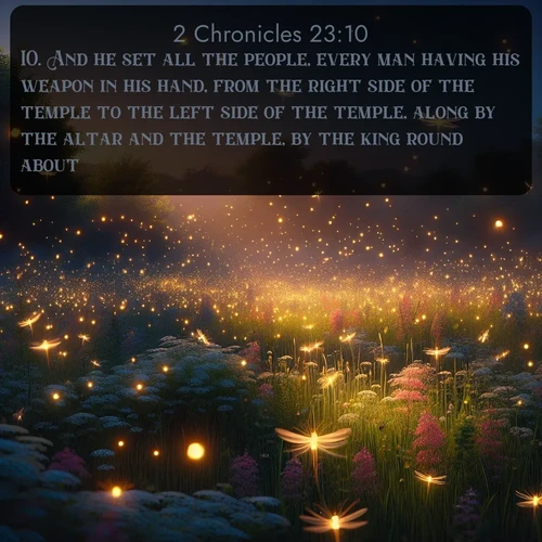citation biblique : 10. And he set all the people, every man having his weapon in his hand, from the right side of the temple to the left side of the temple, along by the altar and the temple, by the king round about.
 sur fond image nature