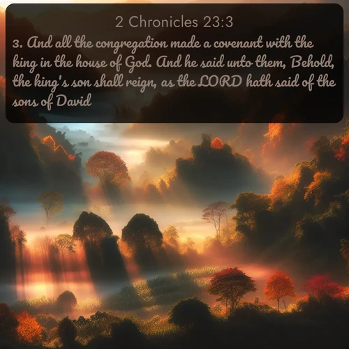 citation biblique : 3. And all the congregation made a covenant with the king in the house of God. And he said unto them, Behold, the king&#039;s son shall reign, as the LORD hath said of the sons of David.
 sur fond image nature