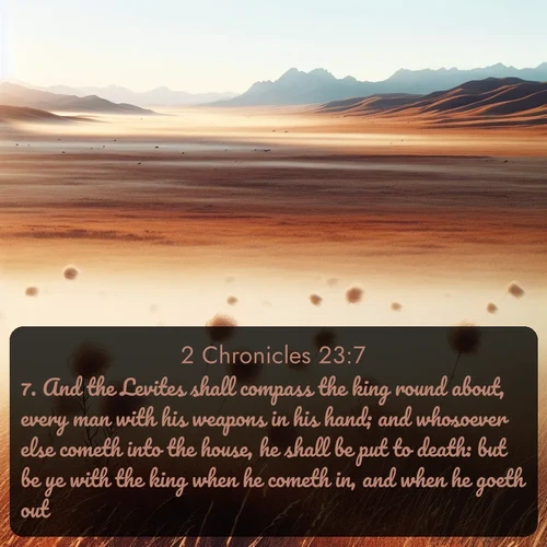 KJV 2 Chronicles  ; image nature: image with the bible verse :And the Levites shall compass the king round about, every man with his weapons in his hand; and whosoever else cometh into the house, he shall be put to death: but be ye with the king when he cometh in, and when he goeth out. ; Admire Bible verse images illustrated by desert scenes, such as sunsets over dunes, majestic rocks, and solitary cacti. These images capture the majesty of God in arid places. Download and share verses like KJV 2 Chronicles 23:7. Current verse is overlayed with the thematic nature scene : Autumn wind sends tumbleweeds dancing across the prairie. ; 23:7