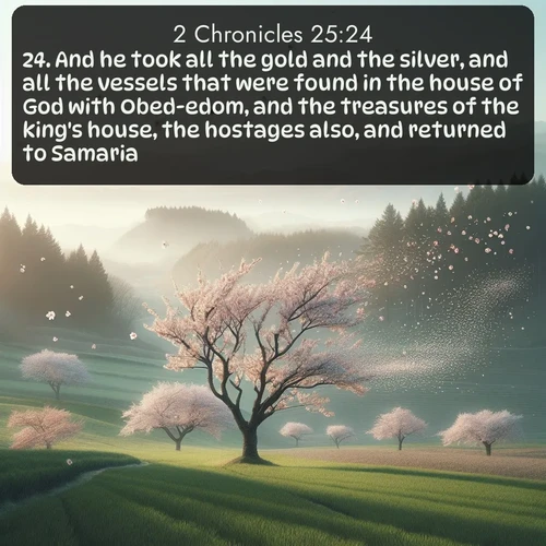 citation biblique : 24. And he took all the gold and the silver, and all the vessels that were found in the house of God with Obed-edom, and the treasures of the king&#039;s house, the hostages also, and returned to Samaria.
 sur fond image nature