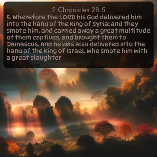 citation biblique : 5. Wherefore the LORD his God delivered him into the hand of the king of Syria; and they smote him, and carried away a great multitude of them captives, and brought them to Damascus. And he was also delivered into the hand of the king of Israel, who smote him with a great slaughter.
 sur fond image nature