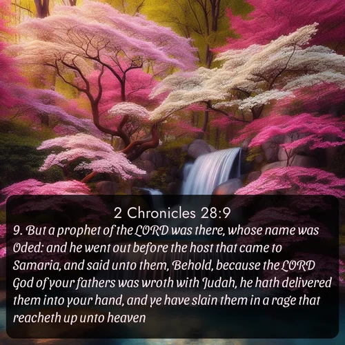 citation biblique : 9. But a prophet of the LORD was there, whose name was Oded: and he went out before the host that came to Samaria, and said unto them, Behold, because the LORD God of your fathers was wroth with Judah, he hath delivered them into your hand, and ye have slain them in a rage that reacheth up unto heaven.
 sur fond image nature