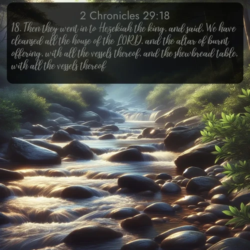 citation biblique : 18. Then they went in to Hezekiah the king, and said, We have cleansed all the house of the LORD, and the altar of burnt offering, with all the vessels thereof, and the shewbread table, with all the vessels thereof.
 sur fond image nature