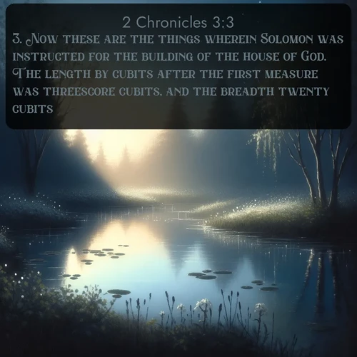 citation biblique : 3. Now these are the things wherein Solomon was instructed for the building of the house of God. The length by cubits after the first measure was threescore cubits, and the breadth twenty cubits.
 sur fond image nature