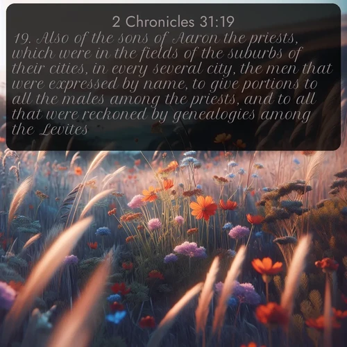 citation biblique : 19. Also of the sons of Aaron the priests, which were in the fields of the suburbs of their cities, in every several city, the men that were expressed by name, to give portions to all the males among the priests, and to all that were reckoned by genealogies among the Levites.
 sur fond image nature