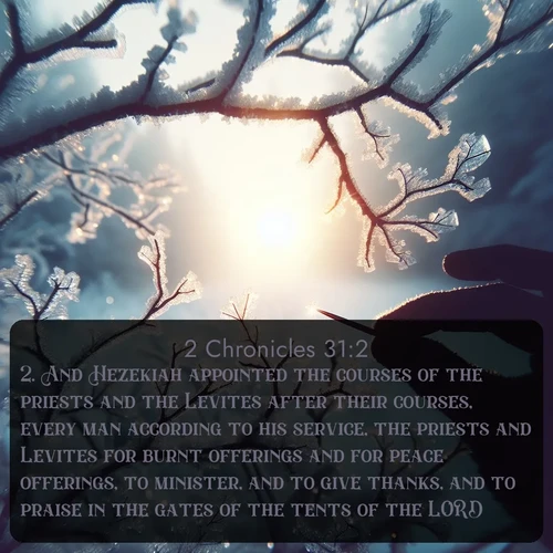 citation biblique : 2. And Hezekiah appointed the courses of the priests and the Levites after their courses, every man according to his service, the priests and Levites for burnt offerings and for peace offerings, to minister, and to give thanks, and to praise in the gates of the tents of the LORD.
 sur fond image nature