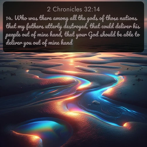 citation biblique : 14. Who was there among all the gods of those nations that my fathers utterly destroyed, that could deliver his people out of mine hand, that your God should be able to deliver you out of mine hand?
 sur fond image nature