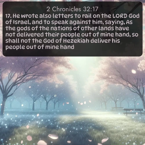 citation biblique : 17. He wrote also letters to rail on the LORD God of Israel, and to speak against him, saying, As the gods of the nations of other lands have not delivered their people out of mine hand, so shall not the God of Hezekiah deliver his people out of mine hand.
 sur fond image nature