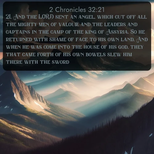 KJV 2 Chronicles  ; image nature: image with the bible verse :And the LORD sent an angel, which cut off all the mighty men of valour, and the leaders and captains in the camp of the king of Assyria. So he returned with shame of face to his own land. And when he was come into the house of his god, they that came forth of his own bowels slew him there with the sword. ; Explore our vast collection of images featuring beautifully illustrated Bible verses accompanied by nature photos. Discover inspiring and motivating verses paired with soothing landscapes, like shimmering lakes, majestic mountains, and lush forests. Our images highlight the peaceful beauty of God&#039;s creation with vibrant colors and varied fonts. Download and share verse images like KJV 2 Chronicles 32:21. Current verse is overlayed with the thematic nature scene : Summer storms build over mountain peaks at midday. ; 32:21