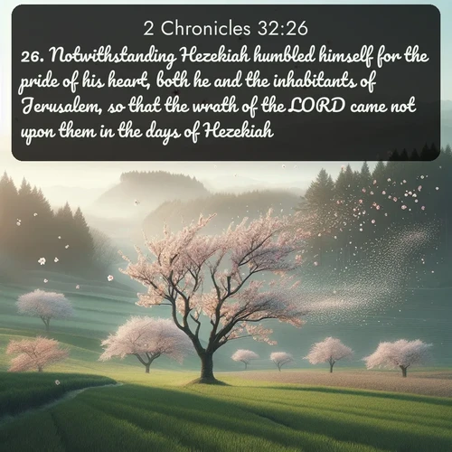 citation biblique : 26. Notwithstanding Hezekiah humbled himself for the pride of his heart, both he and the inhabitants of Jerusalem, so that the wrath of the LORD came not upon them in the days of Hezekiah.
 sur fond image nature