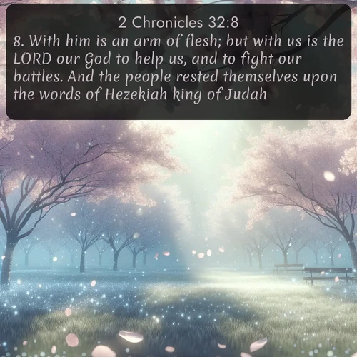 citation biblique : 8. With him is an arm of flesh; but with us is the LORD our God to help us, and to fight our battles. And the people rested themselves upon the words of Hezekiah king of Judah.
 sur fond image nature