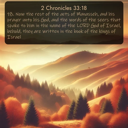 KJV 2 Chronicles 33:18 overlaying nature image scene: Autumn colors paint hillsides in warm earth tones.;18. Now the rest of the acts of Manasseh, and his prayer unto his God, and the words of the seers that spake to him in the name of the LORD God of Israel, behold, they are written in the book of the kings of Israel.