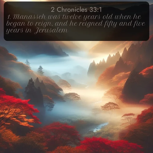 citation biblique : 1. Manasseh was twelve years old when he began to reign, and he reigned fifty and five years in Jerusalem:
 sur fond image nature