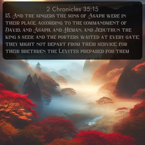 citation biblique : 15. And the singers the sons of Asaph were in their place, according to the commandment of David, and Asaph, and Heman, and Jeduthun the king&#039;s seer; and the porters waited at every gate; they might not depart from their service; for their brethren the Levites prepared for them.
 sur fond image nature
