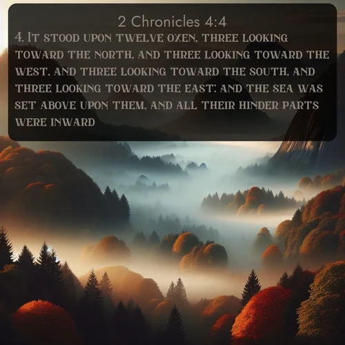citation biblique : 4. It stood upon twelve oxen, three looking toward the north, and three looking toward the west, and three looking toward the south, and three looking toward the east: and the sea was set above upon them, and all their hinder parts were inward.
 sur fond image nature