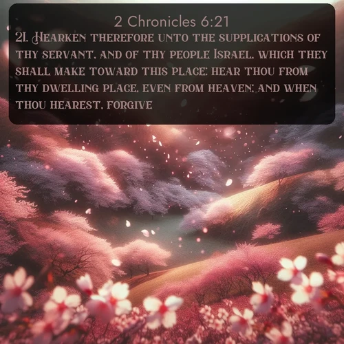 citation biblique : 21. Hearken therefore unto the supplications of thy servant, and of thy people Israel, which they shall make toward this place: hear thou from thy dwelling place, even from heaven; and when thou hearest, forgive.
 sur fond image nature