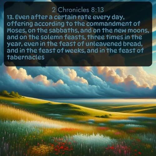 citation biblique : 13. Even after a certain rate every day, offering according to the commandment of Moses, on the sabbaths, and on the new moons, and on the solemn feasts, three times in the year, even in the feast of unleavened bread, and in the feast of weeks, and in the feast of tabernacles.
 sur fond image nature