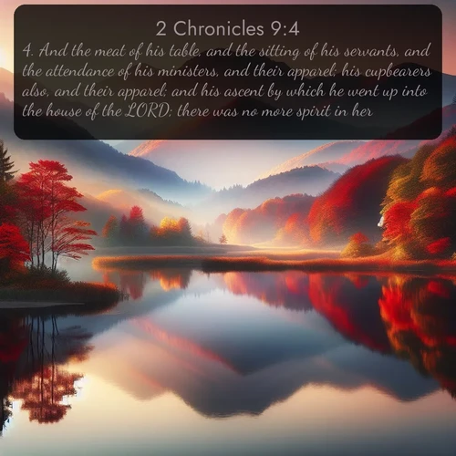 citation biblique : 4. And the meat of his table, and the sitting of his servants, and the attendance of his ministers, and their apparel; his cupbearers also, and their apparel; and his ascent by which he went up into the house of the LORD; there was no more spirit in her.
 sur fond image nature