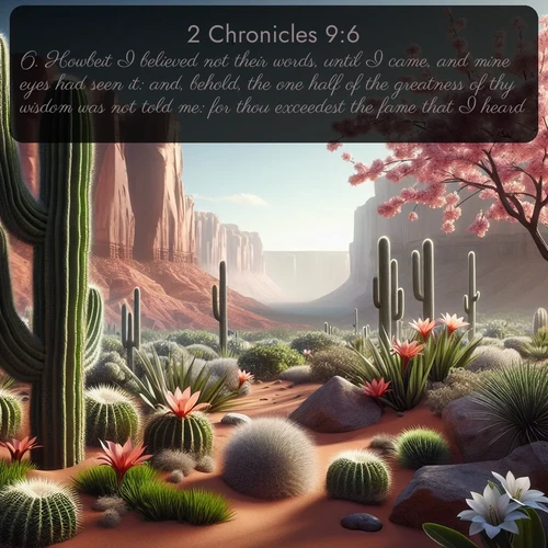 citation biblique : 6. Howbeit I believed not their words, until I came, and mine eyes had seen it: and, behold, the one half of the greatness of thy wisdom was not told me: for thou exceedest the fame that I heard.
 sur fond image nature