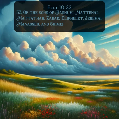 KJV Ezra  ; image nature: image with the bible verse :Of the sons of Hashum; Mattenai, Mattathah, Zabad, Eliphelet, Jeremai, Manasseh, and Shimei. ; Browse our collection of Bible verses paired with captivating photos of God’s creation, like crystal-clear lakes, majestic cliffs, and colorful skies. All images are free for download and sharing. Verse examples include KJV Ezra 10:33. Current verse is overlayed with the thematic nature scene : Summer thunderheads build over grasslands dotted with wildflowers. ; 10:33