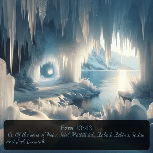 KJV Ezra  ; image nature: image with the bible verse :Of the sons of Nebo; Jeiel, Mattithiah, Zabad, Zebina, Jadau, and Joel, Benaiah. ; Browse our collection of vibrant Bible verse images set against calming backdrops like tropical shores, quiet woods, and majestic mountains. Download free wallpapers featuring KJV Ezra 10:43. Current verse is overlayed with the thematic nature scene : Winter ice forms crystal caves along lake cliffs. ; 10:43