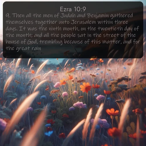 KJV Ezra  ; image nature: image with the bible verse :Then all the men of Judah and Benjamin gathered themselves together unto Jerusalem within three days. It was the ninth month, on the twentieth day of the month; and all the people sat in the street of the house of God, trembling because of this matter, and for the great rain. ; Admire our free collection of Bible verse images with beautiful landscapes like sunlit forests, rippling waters, and radiant dawns. Each verse, such as KJV Ezra 10:9, is ready to download and share. Current verse is overlayed with the thematic nature scene : Summer wildflowers wave in the breeze on coastal bluffs. ; 10:9