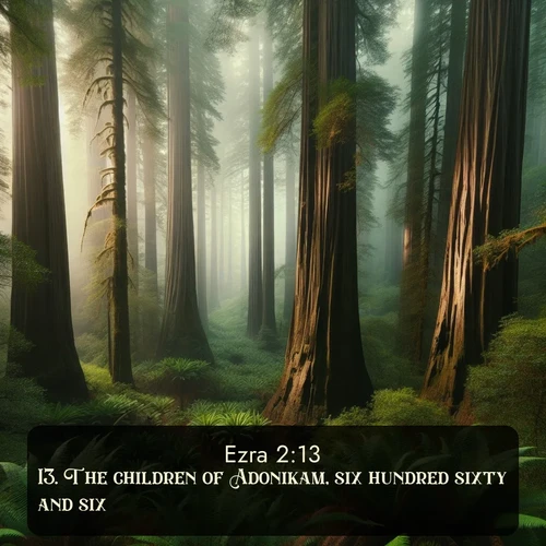 KJV Ezra  ; image nature: image with the bible verse :The children of Adonikam, six hundred sixty and six. ; Admire our free collection of Bible verse images with beautiful landscapes like sunlit forests, rippling waters, and radiant dawns. Each verse, such as KJV Ezra 2:13, is ready to download and share. Current verse is overlayed with the thematic nature scene : Coastal redwoods disappear into the fog high above a fern grove. ; 2:13