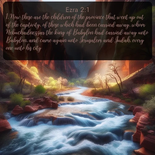 citation biblique : 1. Now these are the children of the province that went up out of the captivity, of those which had been carried away, whom Nebuchadnezzar the king of Babylon had carried away unto Babylon, and came again unto Jerusalem and Judah, every one unto his city;
 sur fond image nature