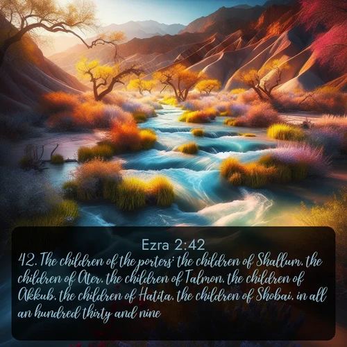 citation biblique : 42. The children of the porters: the children of Shallum, the children of Ater, the children of Talmon, the children of Akkub, the children of Hatita, the children of Shobai, in all an hundred thirty and nine.
 sur fond image nature