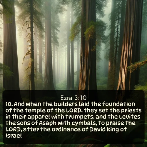 citation biblique : 10. And when the builders laid the foundation of the temple of the LORD, they set the priests in their apparel with trumpets, and the Levites the sons of Asaph with cymbals, to praise the LORD, after the ordinance of David king of Israel.
 sur fond image nature