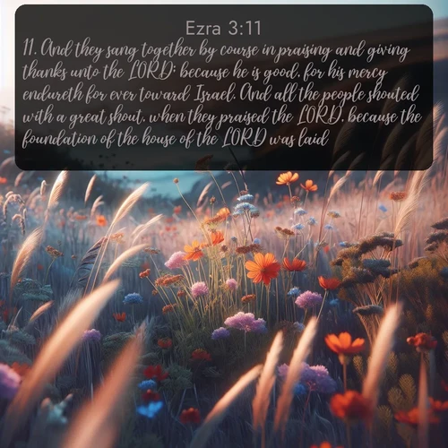 KJV Ezra 3:11 overlaying nature image scene: Summer wildflowers wave in the breeze on coastal bluffs.;11. And they sang together by course in praising and giving thanks unto the LORD; because he is good, for his mercy endureth for ever toward Israel. And all the people shouted with a great shout, when they praised the LORD, because the foundation of the house of the LORD was laid.