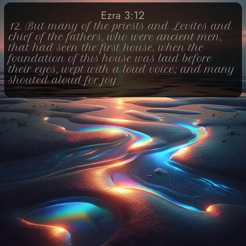 citation biblique : 12. But many of the priests and Levites and chief of the fathers, who were ancient men, that had seen the first house, when the foundation of this house was laid before their eyes, wept with a loud voice; and many shouted aloud for joy:
 sur fond image nature