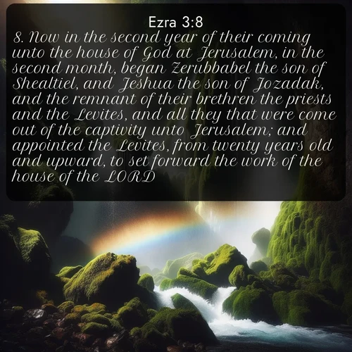 citation biblique : 8. Now in the second year of their coming unto the house of God at Jerusalem, in the second month, began Zerubbabel the son of Shealtiel, and Jeshua the son of Jozadak, and the remnant of their brethren the priests and the Levites, and all they that were come out of the captivity unto Jerusalem; and appointed the Levites, from twenty years old and upward, to set forward the work of the house of the LORD.
 sur fond image nature