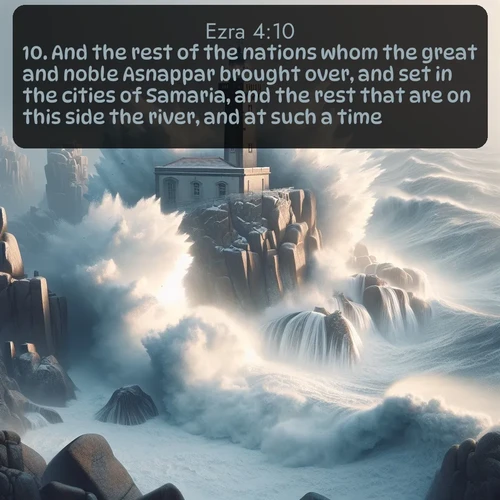 KJV Ezra  ; image nature: image with the bible verse :And the rest of the nations whom the great and noble Asnappar brought over, and set in the cities of Samaria, and the rest that are on this side the river, and at such a time. ; Browse our library of beautiful Bible verse images, perfect for wallpapers or sharing. Each verse is paired with serene natural landscapes like misty mountains, calming beaches, and colorful sunsets. Download and enjoy verses such as KJV Ezra 4:10. Current verse is overlayed with the thematic nature scene : Winter storms send massive waves crashing against lighthouse rocks. ; 4:10