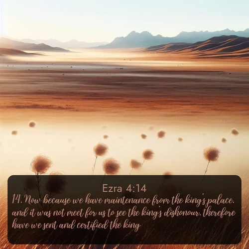 KJV Ezra  ; image nature: image with the bible verse :Now because we have maintenance from the king&#039;s palace, and it was not meet for us to see the king&#039;s dishonour, therefore have we sent and certified the king; ; Discover Bible images adorned with spring landscapes, like tulip fields, cherry blossoms, and green hills. These bright scenes symbolize God&#039;s renewal and grace. Download verses like KJV Ezra 4:14. Current verse is overlayed with the thematic nature scene : Autumn wind sends tumbleweeds dancing across the prairie. ; 4:14