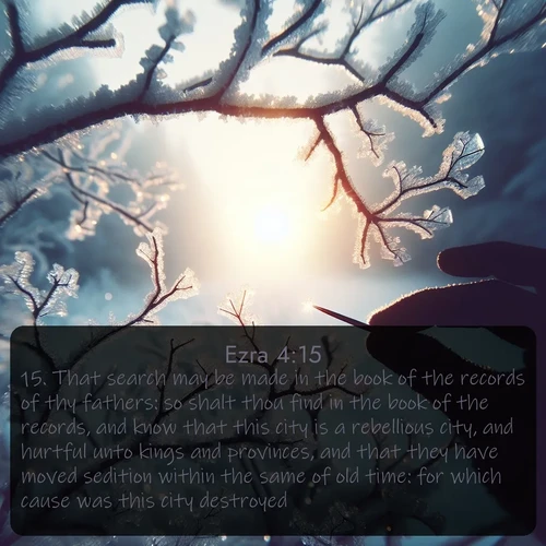 KJV Ezra  ; image nature: image with the bible verse :That search may be made in the book of the records of thy fathers: so shalt thou find in the book of the records, and know that this city is a rebellious city, and hurtful unto kings and provinces, and that they have moved sedition within the same of old time: for which cause was this city destroyed. ; Discover tranquil Bible verse images enhanced with natural scenery like rippling brooks, snow-covered fields, and sunlit beaches. These free images are perfect for wallpapers or spiritual reflection. Share KJV Ezra 4:15. Current verse is overlayed with the thematic nature scene : Winter sunrise glows through ice-coated branches. ; 4:15