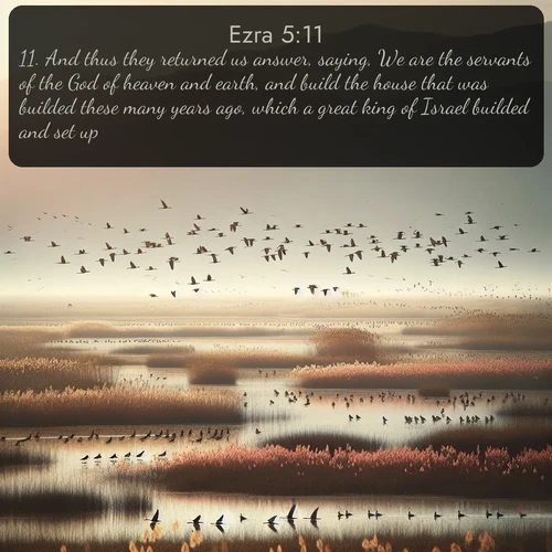 citation biblique : 11. And thus they returned us answer, saying, We are the servants of the God of heaven and earth, and build the house that was builded these many years ago, which a great king of Israel builded and set up.
 sur fond image nature
