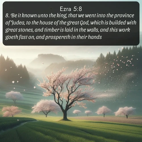 KJV Ezra 5:8 overlaying nature image scene: Spring winds scatter cherry blossoms like snow.;8. Be it known unto the king, that we went into the province of Judea, to the house of the great God, which is builded with great stones, and timber is laid in the walls, and this work goeth fast on, and prospereth in their hands.