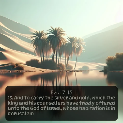 citation biblique : 15. And to carry the silver and gold, which the king and his counsellers have freely offered unto the God of Israel, whose habitation is in Jerusalem,
 sur fond image nature