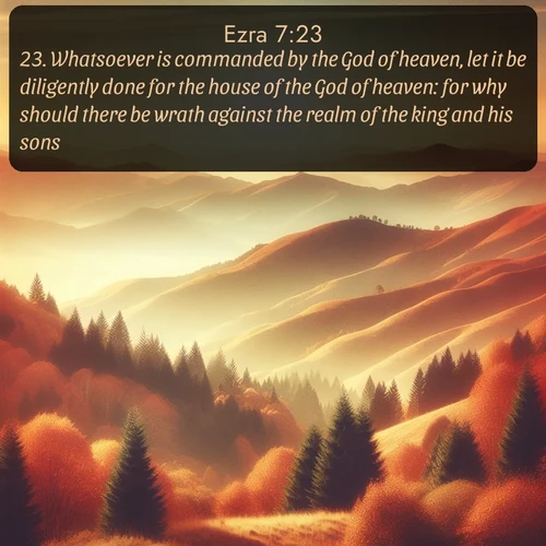 KJV Ezra 7:23 overlaying nature image scene: Autumn colors paint hillsides in warm earth tones.;23. Whatsoever is commanded by the God of heaven, let it be diligently done for the house of the God of heaven: for why should there be wrath against the realm of the king and his sons?