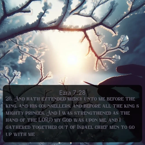 citation biblique : 28. And hath extended mercy unto me before the king, and his counsellers, and before all the king&#039;s mighty princes. And I was strengthened as the hand of the LORD my God was upon me, and I gathered together out of Israel chief men to go up with me.
 sur fond image nature