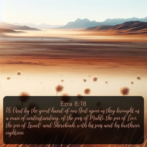 citation biblique : 18. And by the good hand of our God upon us they brought us a man of understanding, of the sons of Mahli, the son of Levi, the son of Israel; and Sherebiah, with his sons and his brethren, eighteen;
 sur fond image nature